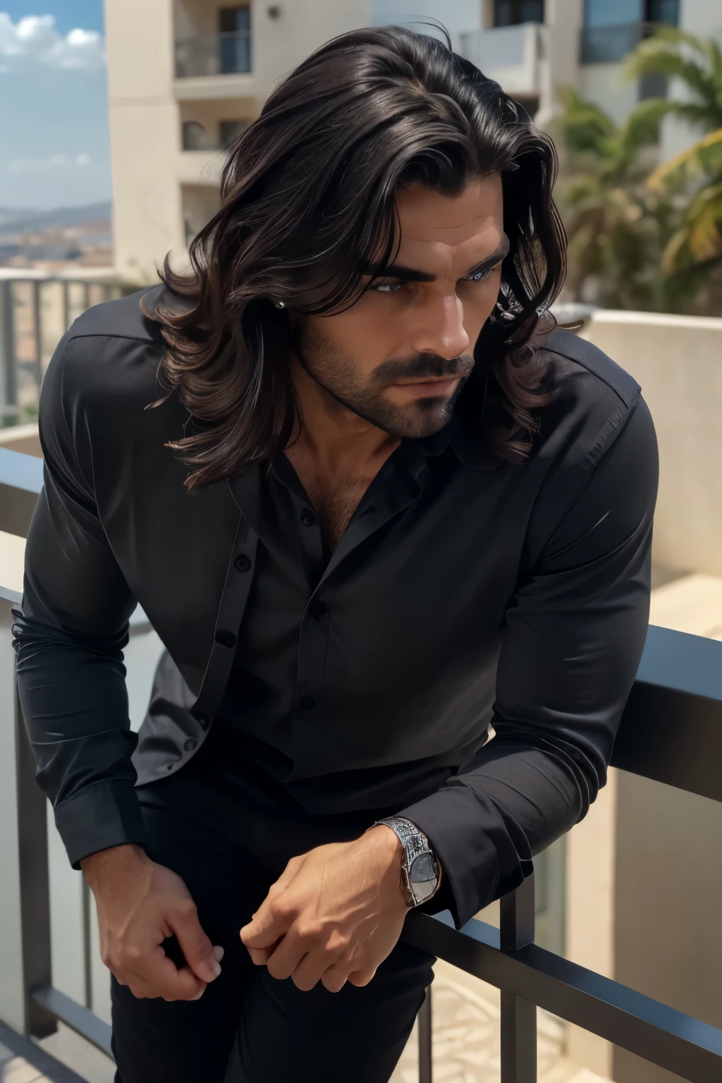 ((close-up face)). Photorealism, handsome man with strong jawline and perfect nose like a greek god, dark thick touseled hair, stunning and captivating dark bluish gray eyes wearing casual black longsleeve shirt opened button neckline, black sleek pants, natural pose with both hands in pants pockets standing on a balcony of a hotel