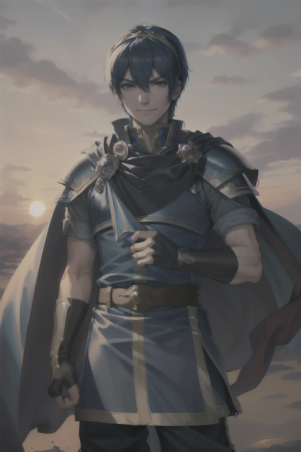 masterpiece, best quality, marth, tiara, cape, armor, blue tunic, fingerless gloves, belt, pants, cowboy shot, standing, clouds, sunset, furrowed brow, smile, looking at viewer, fists 