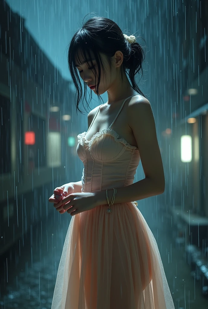 The best picture quality, masterpiece, extra high resolution, (accuracy: 1,4), photo, ((1 beautiful girl)), an ideal anatomy, finely Detailed and beautiful face, Field of flowers, white shirt, ((dancing in the rain:1.6)), (ripped clothes: 1,5), (wet clothing: 1,4), bare shoulders, real rain, (wet hair:1.2), (joying), happiness, ((laughter)), Cinematic, tear, dreamlike lighting, water cascading, golden ratio, fake detail, trending, acrylic palette knife, style of makoto shinkai studio,greg rutkowski award - winning photograph, masterpiece, oil on canvas, ((oil painting)), ((visible strokes)), ((Impressionist painting)),  greg rutkowski