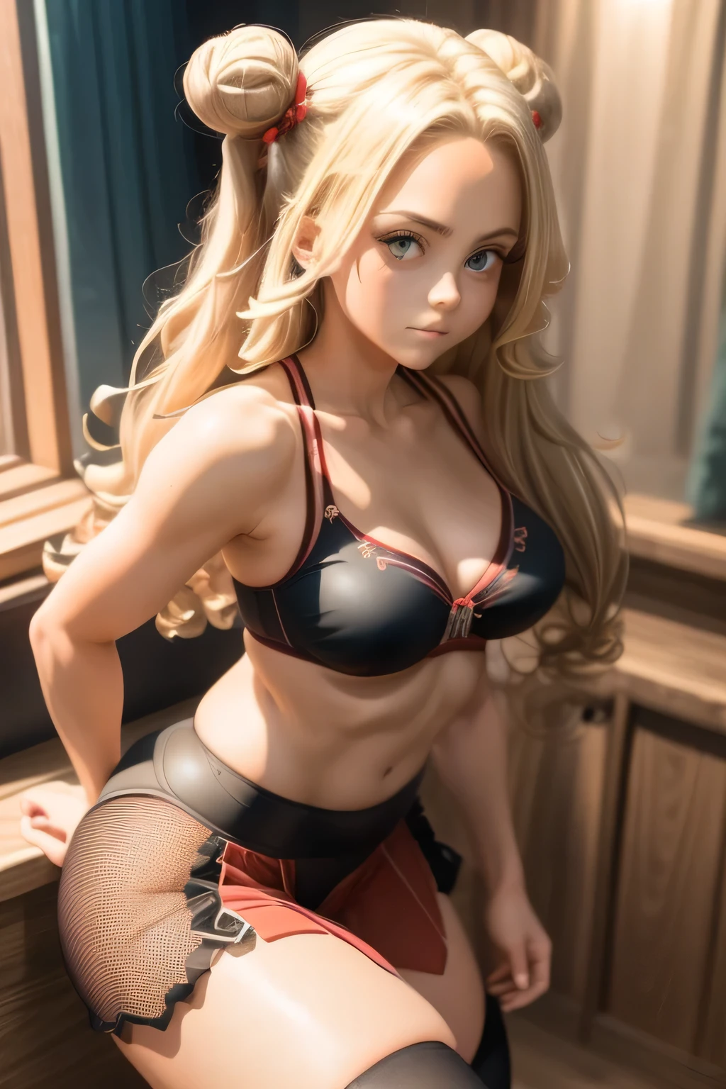 massive , big ass, juicy lips, big lips, massive lashes, blonde wavy hair, green eyes, pink bow, in a room, glasses, big platform boots, black boots, sitting on bed, samdoesart style