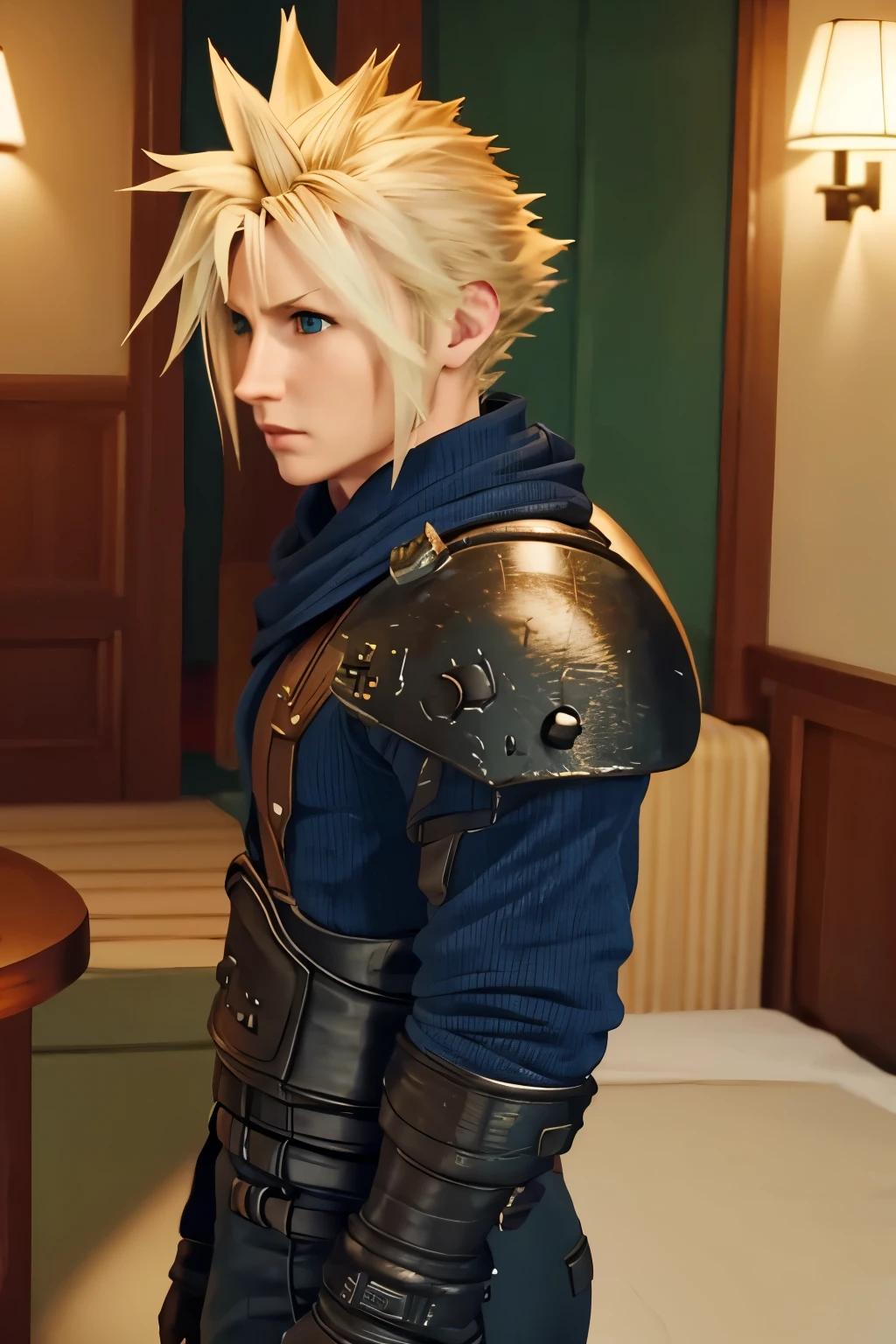 (masterpiece), (High quality), (Realistic 1.5), cloudstrife,male,hotel