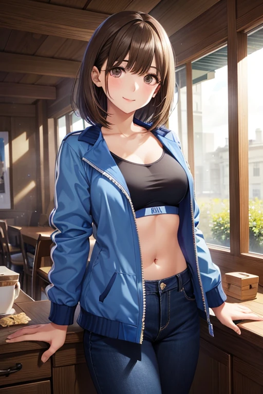 ((masterpiece)), (1 girl:2.0), (face extremely detailed, smiling), short haircut, brown hair, petite, (thin build), (a Japanese girl), ((Member of track and field team, long distance runner)), slightly round face, (tanned brown face:1.6), cute, big eyes, navy blue jersey with long sleeves, shorts, (muscular and thin thighs), (small breast)