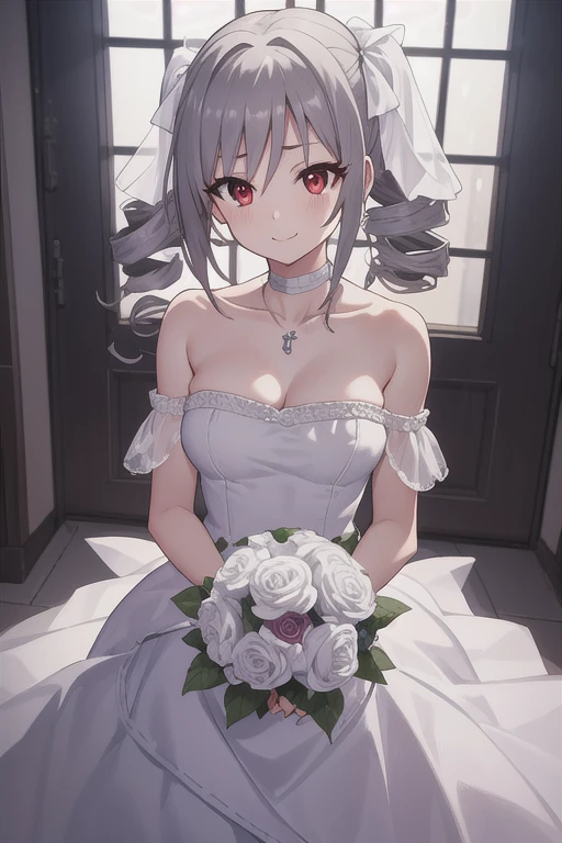 (((Pixel Perfect, Details - Perfect))), Alone, One girl, wedding dress, Strapless, necklace, 白いdress,  sFACINGnding, Cowboy Shot, Holding a bouquet, Open your mouth, smile, Confetti, Seaside,Soft Light,Standing,A gentle breeze,銀hair, redい色のeye,gray_hair, red_eye, length_hair, twinFACINGils, drill_hair, twin_drills, , Choker, clavicle, dress, gothic_FACING ,hair_ribbon, chest, 