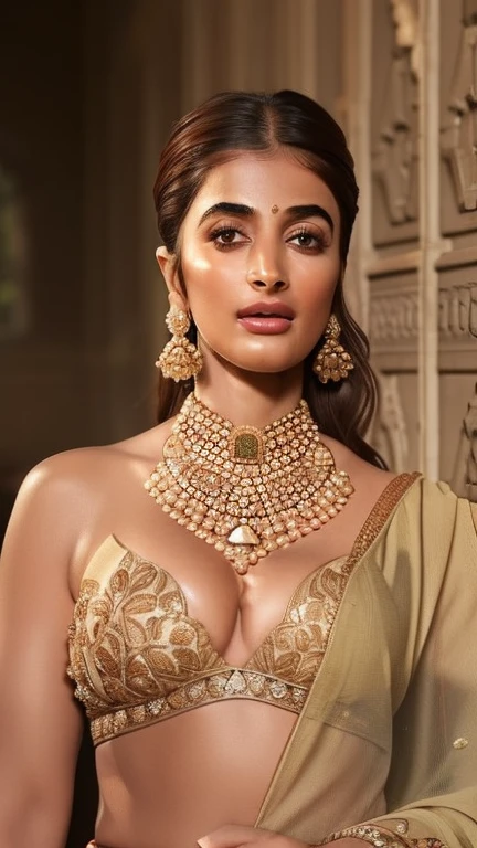 Pooja hegde, hyper realistic, hyper detailed,32k, intricate details, insane details, sharp focus, detailed eyes. She wears black transparent saree shows navel, hips, shoulders, sleeveless saree, such as an intricately designed gold necklace, earrings, and a draped sari that reveals her cleavage, navel and shoulders. Looking at viewer, symmetric eyes sparkling with warmth. The clothing is light and elegant, emphasizing her royal status. The background hints at the palace architecture with detailed carvings and soft natural light