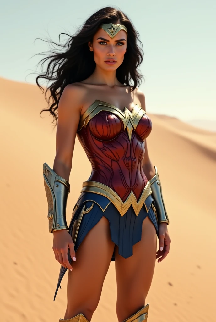 create gal gadot with long hair at hip height, full body photo of the world's most beautiful artwork with a beautiful woman dressed in an intricate outfit on the man on fire in the desert, iridecent, trend in ArtStation, CGSociety, Intricate, High Detail, Sharp focus, dramatic, photorealistic painting art by greg Rutkowski