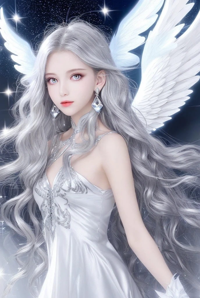 A fairy，satin gauze gown，Fringed Hair Ornament，Long white hair，Big chest，Charming side face，fly，A night sky with stars