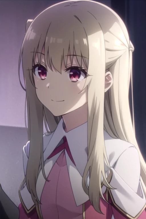 1 girl,small breasts,17 years,blonde hair,bang,blunt bang, collared shirt,necktie,red hairband,school uniform,long sleeves,red skirt,red eyes,glowing eyes,look at viewer,cinematic lighting,closeup,lying on bed,dakimakura,look at viewer,visible panties,white panties,seductive smile,blushing