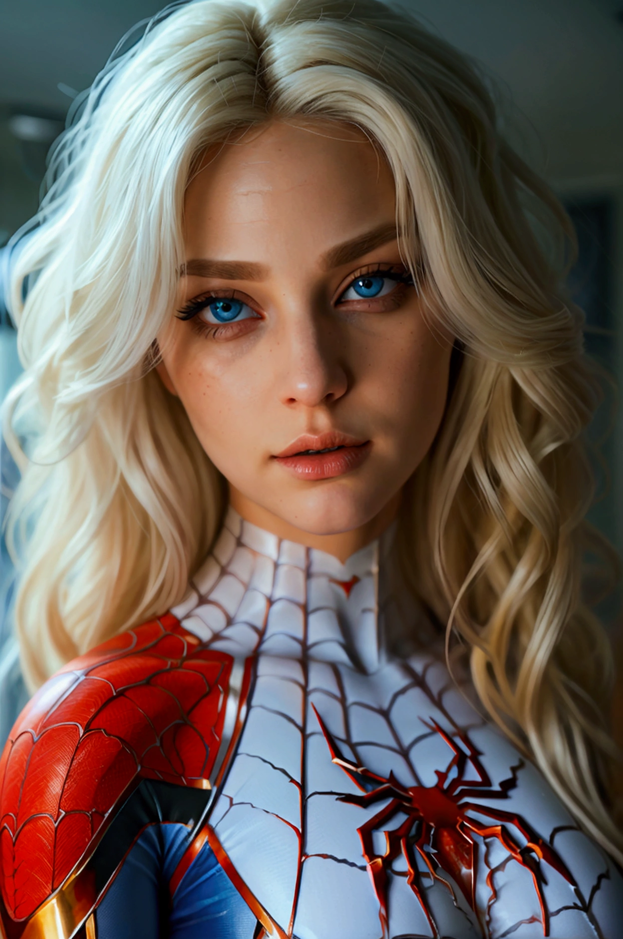 (masterpiece:1.4), (8k, photorealistic, RAW photo, best quality: 1.4), japanese, (1girl), beautiful face, (realistic face:1.4), (white hair, long hair:1.3), beautiful hairstyle, beautiful detailed eyes, (best ratio eyes:1.5), attractive, ultra high res, ultra realistic, highly detailed, best ratio, (detailed face:1.4), looking at viewer, red lipsticks, (best ratio fingers:1.5), (White superhero theme, charismatic, there's a girl on top of town, wearing lingerie Spider-Man costume, she's a superhero), [ ((25 years), full body, (realistic blue eyes:1.2), ((Spider-Man pose), show of strength, jumping from one building to another), ((sandy urban environment):0.8)| (cityscape, at night, dynamic lights), (full moon))] # Explanation: The Prompt mainly describes a 4K painting of ultra-high definition, very realistic, very detailed. It shows a superheroine at the top of the city, wearing a Spider-Man costume. The theme in the painting is a white superhero theme, the female protagonist has long white hair, is 25 years old and her entire body is shown in the painting. In terms of portraying the actions of superheroines, spiders are employed, (no bra:1.4), perky_nipples, ((exposed_nipples, exposed breasts, high proportional realistic breasts, realistic big breasts):1.3), (closed mouth:1.4), (camel_toe_pussy:1.3), innie_pussy,