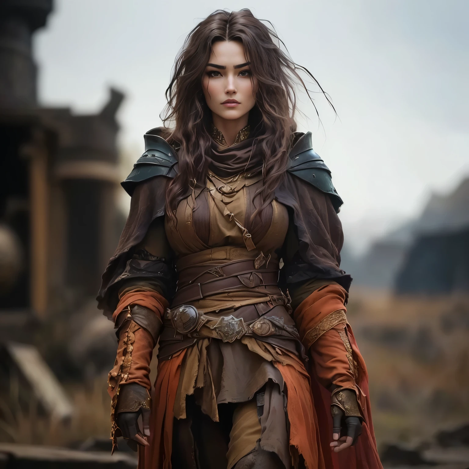 arafed woman in a brown outfit standing in a field, as a medieval fantasy character, mortal engines, fantasy character photo, stunning woman, a young woman as genghis khan, fantasy style clothing, complex fantasy character, beautiful rogue lady, post - apocalyptic style, stunning art, gorgeous lady, solo female character, female lead character, mighty princess of the wasteland