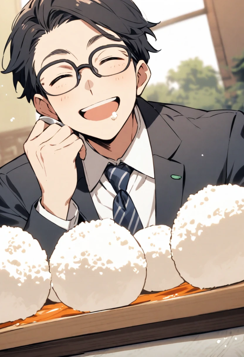 An ordinary businessman wearing glasses、Eating rice balls with a smile