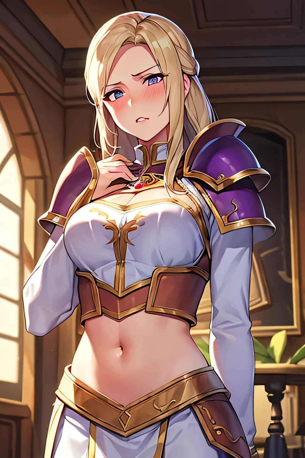 super fine illustration, vibrant colors, masterpiece, sharp focus, best quality, depth of field, ultra detailed, 1girl, solo, blush, purple waist cloth, long sleeves, armor,  warcraft, world of warcraft, WOW, jaina proudmoore, Elegant, looking down, blonde hair, body armor, shoulder pad armor, body armor, white skirt, red lipstick, night, indoors, leaning, hand on own stomach, shocked, afraid,  red lips, teeth, navel, embarrassed, medieval, pouting, midriff