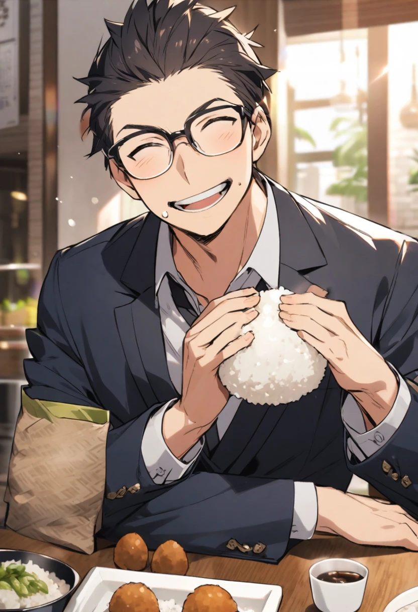 An ordinary businessman wearing glasses、Eating rice balls with a smile