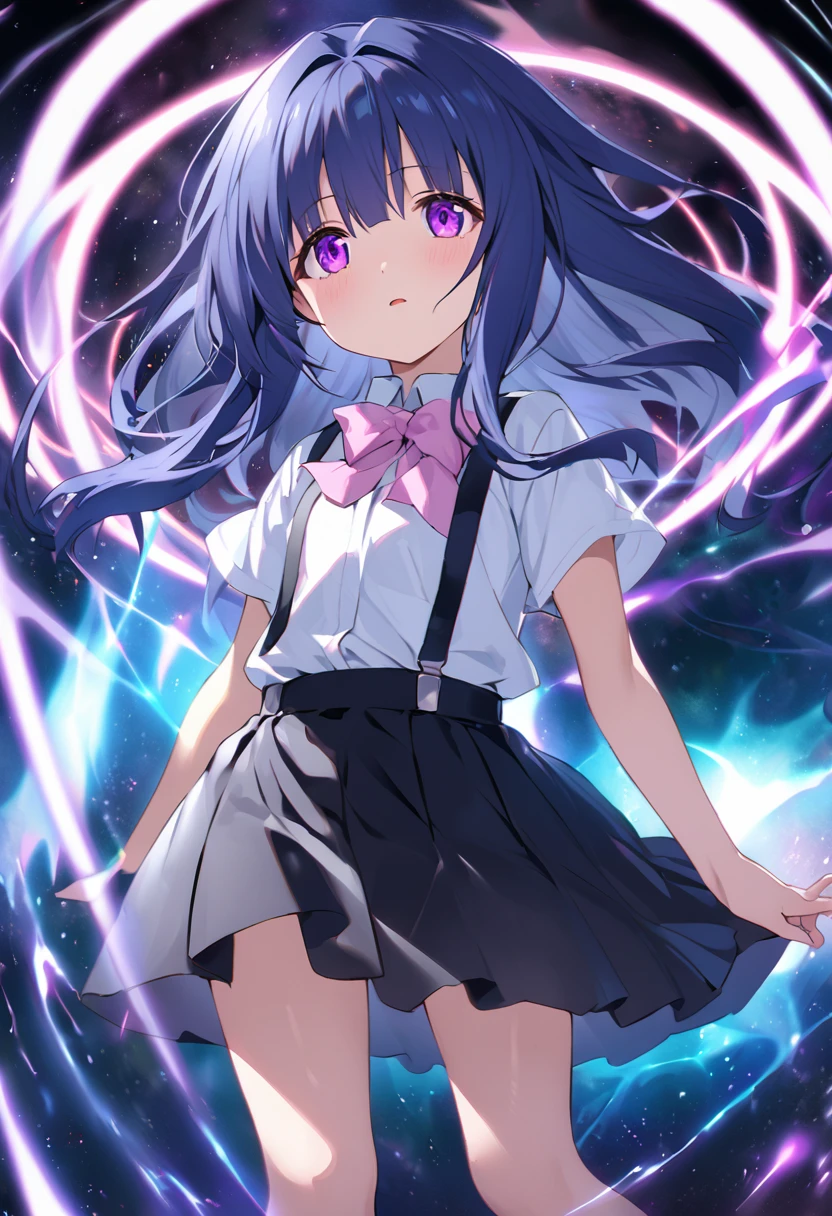 Furude Rika, woman, Alone, Blue Hair, Purple eyes, white shirt, pink bow, suspenders, black skirt , In another dimension、woman魔法使いが両手を広げて強力なエネルギーを放出。A shining magic circle appears at her feet.、Space distorts and energies collide, exploding.。There is an overwhelming power in her eyes.。