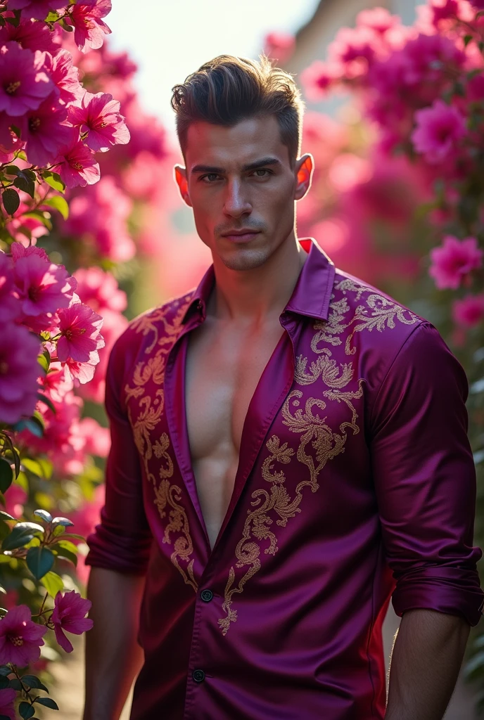 (absurdres, highres, ultra detailed, HD), 1 male, solo, ((handsome man, male model modern clothing, Full length portrait: 1.5)), beautiful, handsome, tall muscular guy, mature, perfect eyes, sexy gaze, (looking at the viewers romantically), perfect body, smooth skin, wide chest, largest breast, extremely large pectorals, big nipples, breathtaking grandeur, verious red and pink roses around him, jewellery, the man is standing comfortably in the roses, from directly above, gorgeous, wet, model pose, colorful, artistic, depth of field, focus on his calm facial features, elegant look, sexy posture,