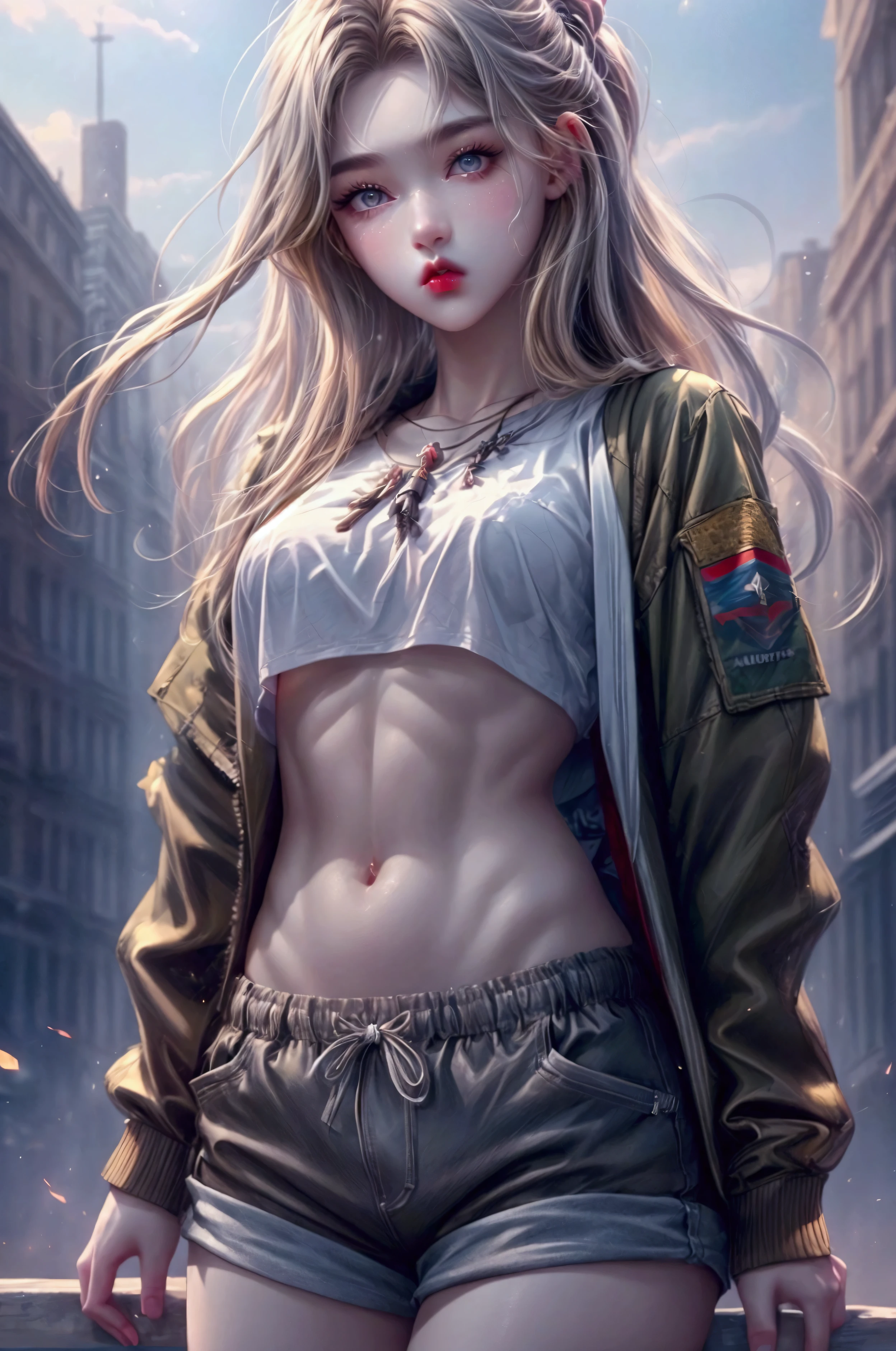 a girl,light brown hair,athletic body,long hair,hazel eyes, attractive,beautiful, light brown shorts with pockets, dark grey shirt,military jacket without closure, ,in destroyed city,at dawn,pale skin,strong abs: 1.2, Highly detailed skin and face texture, detailed eyes, Double eyelid, red lips,(Better quality, 8K, masterpiece: 1.3), perfect hands, Clear focus: 1.2, Beauty,high quality,detailed background.