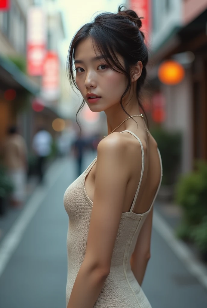 Best quality, masterpiece, ultra high res, (photorealistic:1.4), 1girl, in the dark, deep shadow, low key,  (photorealistic:1.4), slim body, undone hair, japanese street alley, dynamic pose, face closeup, Nudity, naked, nsfw,
