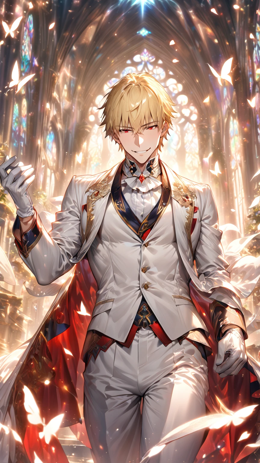 absurdres, highres, ultra detailed, HDR, master piece, best quality, detailed eyes, detailed face, Gilgamesh, blonde hair, short hair, with bangs, expressive red eyes, Fate Grand Order, solo, sexy man, handsome, sensual, adult face, mature, groom, white jacket, white tuxedo, white shirt, smiling, white gloves, white cravat, magical, fantasy, church, white roses, white petals, white butterflies, radiant, shinning