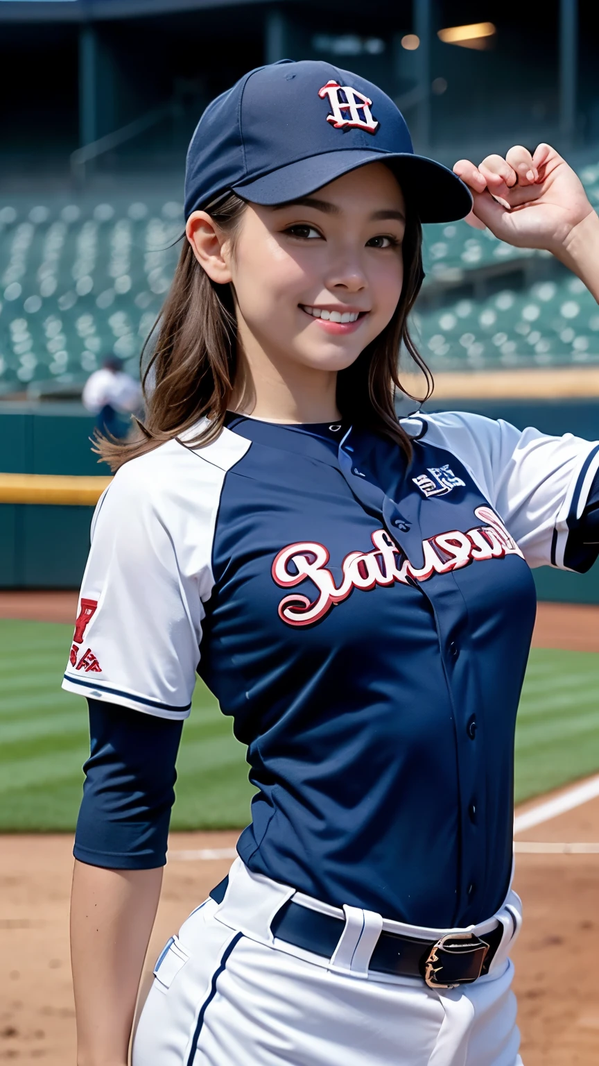 masterpiece, Highest quality, Super detailed), Portrait of an 18 year old woman with light brown hair, Green round eyes, erotic, , Wet with water, 、 (baseball Ground, Baseball uniform, Flashy uniforms, First pitch, pitcher, )  - Auto Ultra Realistic, huge firm bouncing busts, Deep cleavage, Oblique view from below, 