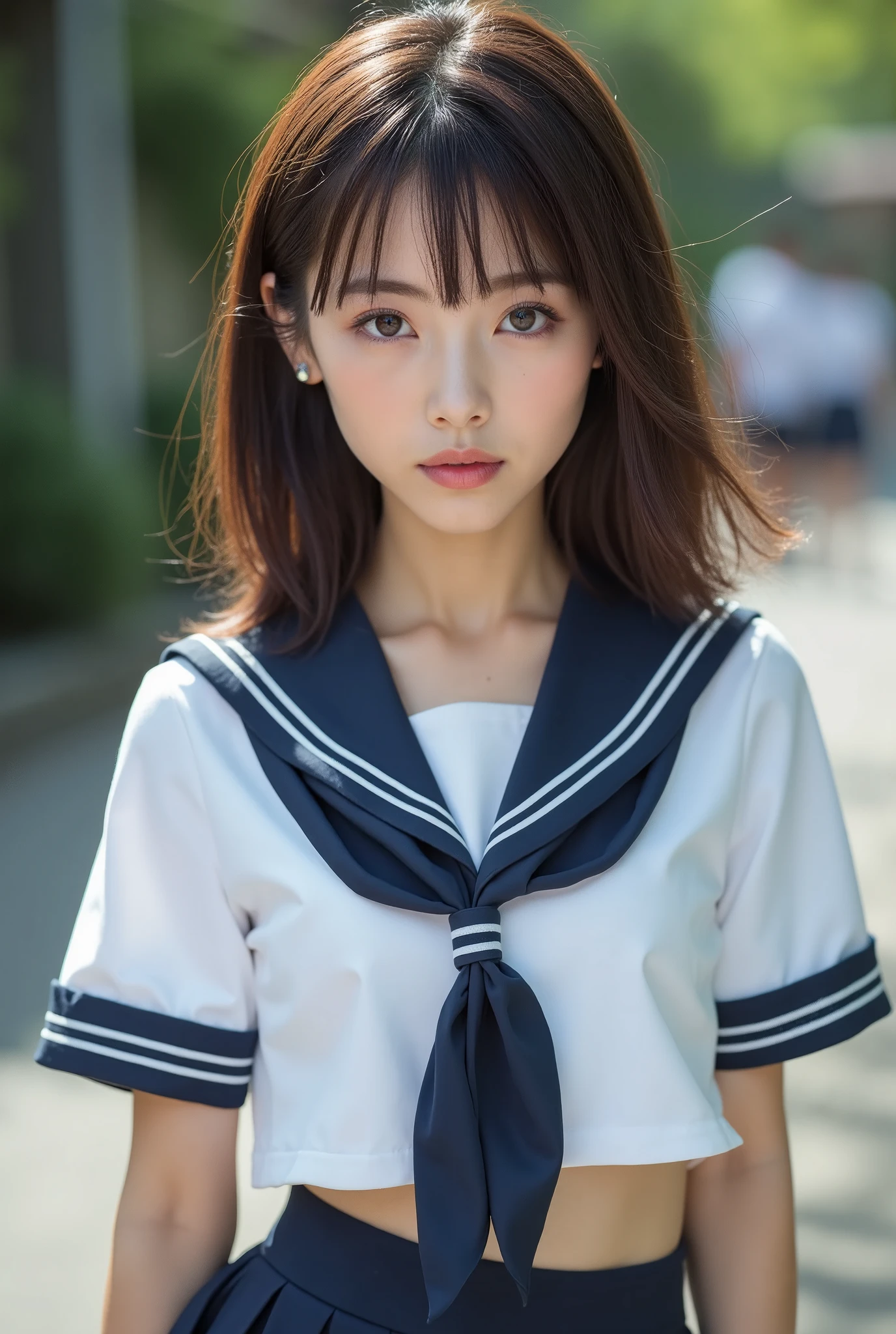 perfect composition, Proper placement, Extreme close-up, Beautiful Japanese Women, Glowing Skin, (Sweating:1.8), Brown Hair, Medium Hair, Brown eyes:1.21, Clear Eyes, Perfect Anatomy, Small head, The classic sailor uniform from a prestigious metropolitan high school, White uniform, Short-sleeved sailor uniform:1.21, sera fuku:1.21, I can see your belly, Navy blue pleated mini skirt, Schoolyard、sexy, orgasm, 