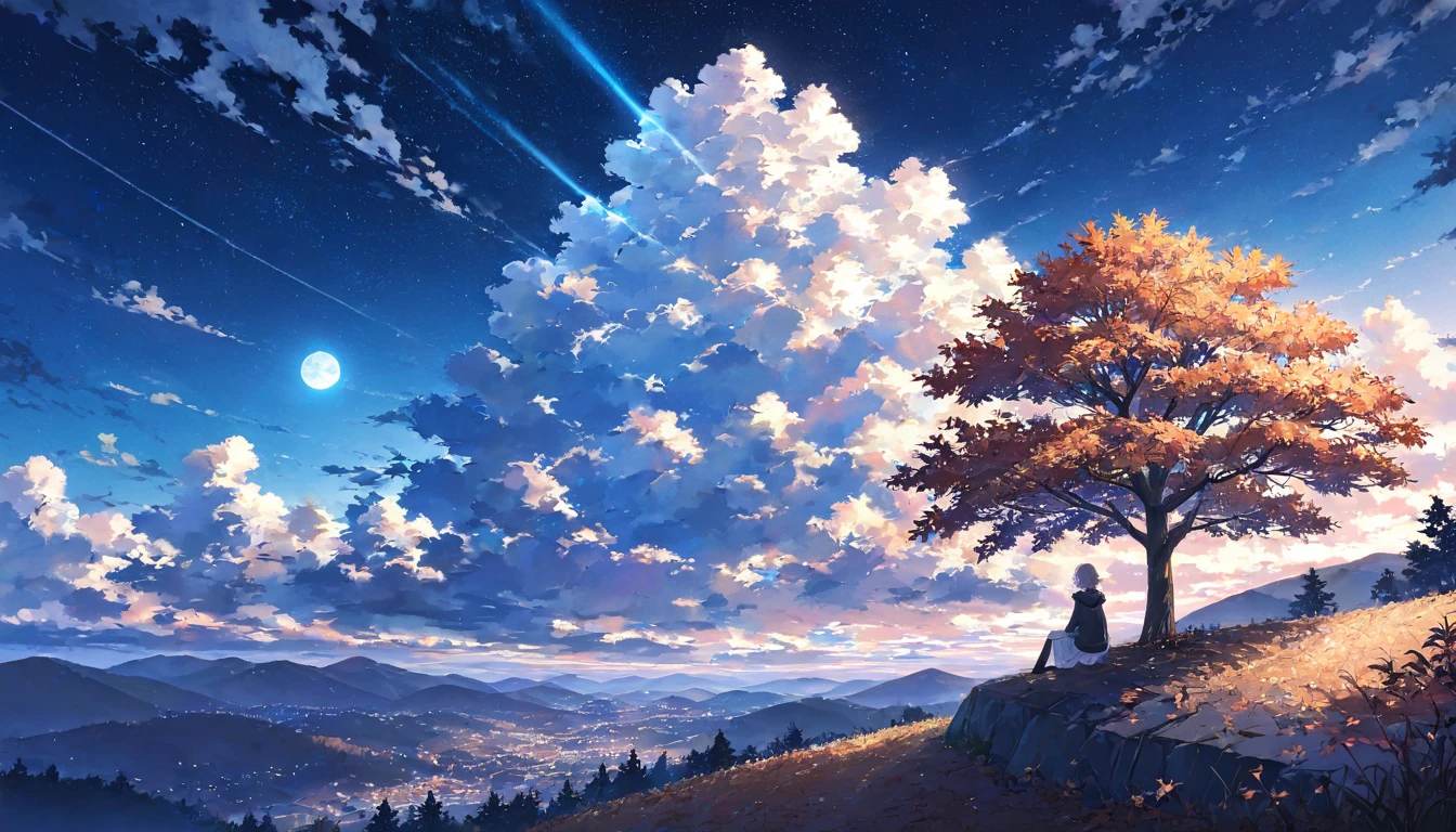 One Woman,pastel,Woman sitting,Black hoodie,White Skirt,Short Hair,One Tree,Under the tree,Tree on the mountaintop,autumn leaves,Under the blue sky,Light shines in,horizontal line,Glowing white clouds,Light clouds,Many Stars,Strong moonlight,View from afar,A touching scene,Strong contrast