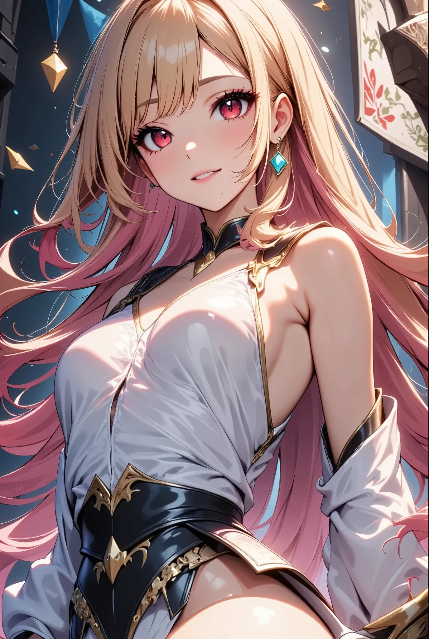 ((Beautiful CG illustrations, Anime Style, High detail, High resolution, Best Quality)), Detailed eyes and face, Pink gold hair color, Pale red eyes, Portrait, Looking up into the void, (One person, Cowboy Shot, A look of determination, Heroic Pose), Detailed Background, (Fantasy art), Focus, mercenary, Magic Hour, Floating Debris, Breastplate Armor, Detailed Metal Texture, Divine Aura, Bright and realistic lighting, Marble Castle, Intense atmosphere, Circlet, Coat of arms, Tapestry, ((Shallow depth of field,Background blur visual effects)).