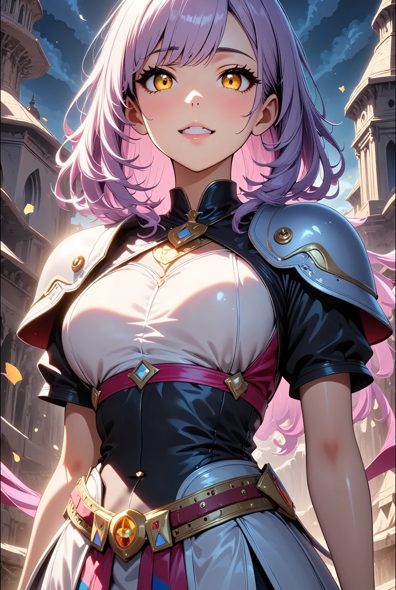 ((Beautiful CG illustrations, Anime Style, High detail, High resolution, Best Quality)), Detailed eyes and face, Light purple hair color, Pale yellow eyes, Portrait, Looking up into the void, (One person, Cowboy Shot, A look of determination, Heroic Pose), Detailed Background, (Fantasy art), Focus, mercenary, Magic Hour, Floating Debris, Breastplate Armor, Detailed Metal Texture, Divine Aura, Bright and realistic lighting, Marble Castle, Intense atmosphere, Circlet, Coat of arms, Tapestry, ((Shallow depth of field,Background blur visual effects)).