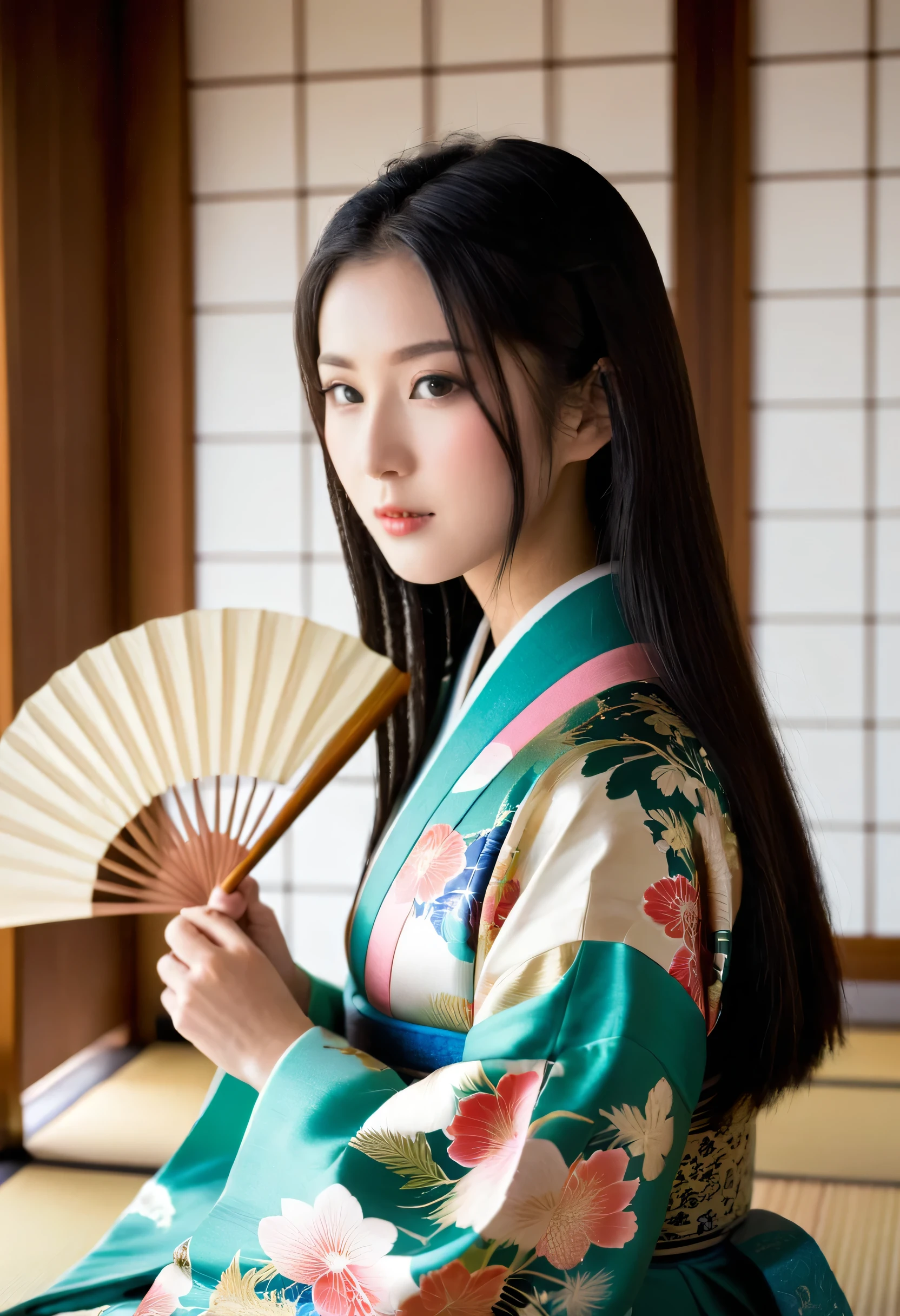 Raw photo, ((8k, masterpiece, best quality, ultra high res:1.2)), super detail, (sharp focus:1.3), (realistic, photo-realistic:1.37), BREAK beautiful Japanese girl, 20 yo, (black hair, very long hair, straight hair, hime cut:1.2), black eyes, fair skin, anatomically correct, large breasts, (Heian period, twelve layer robe, traditional Japanese clothing, Heian aristocrat, female attire, regal, flowing sleeves, layered garments, vibrant colors, rich patterns, graceful, elegant, ornate embellishments, soft fabrics, refined craftsmanship:1.2), BREAK (holding a fan:1.3), washitsu room, seiza, on tatami