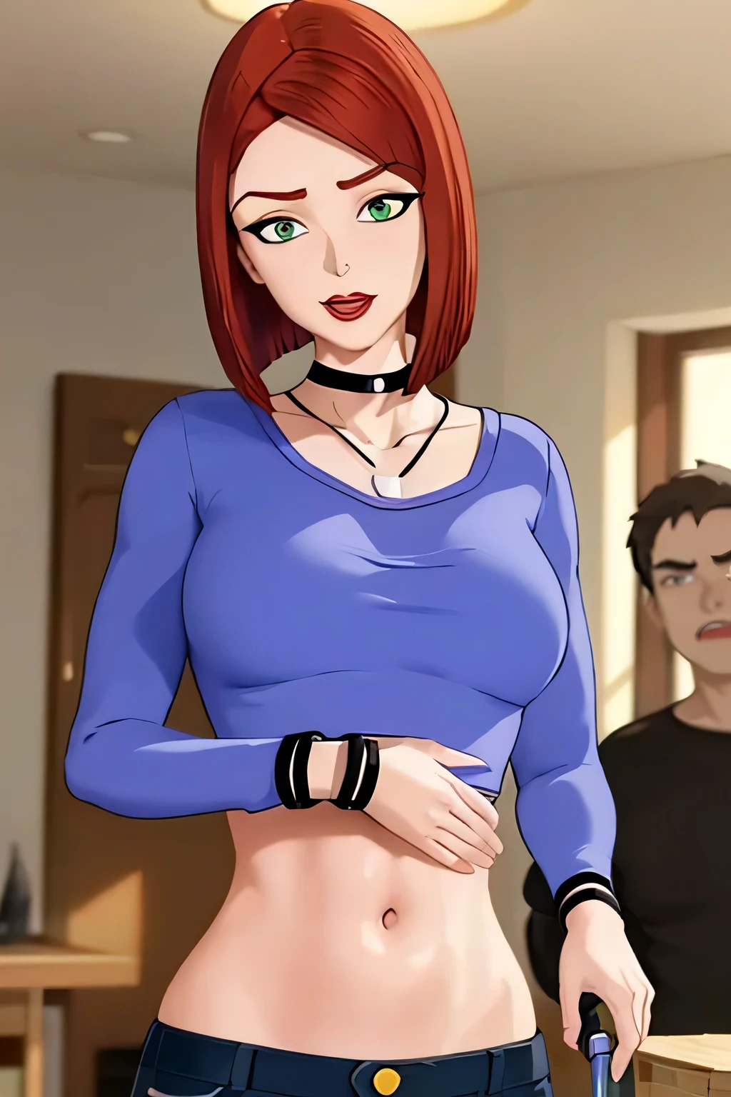 NSFW maddie fenton, a sexy milf, mature body, pixiv artwork, masterpiece, wearing a skintight long grey dress accentuating her curves, seducing you, orange hair, bobcut, seductive, no panties, curvy toned physique with big breasts and ass and tiny waist, body made for sex, no bra, ready to fuck, very sexy and seductive position, crazy but sexy look in her eyes, dominating you, dominant woman, femdom, cumming inside, premature , size difference, mother and son