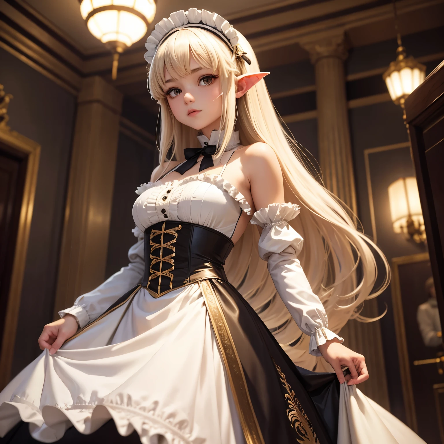 masterpiece, best quality, highly detailed, highres, hdr,, chobits, chii, feelingless,, 1girl, solo, bangs, bare shoulders, breasts, brown eyes, clamp (circle) (style), platinum blonde hair, very long hair, robot ears, small breasts, hair tubes,, maid, maid headdress, maid apron, victorian maid, maid dress,, mksks style, beautiful background, detailed background, professional lightning, mansion, indoor, gold ornament, gold, gold effects