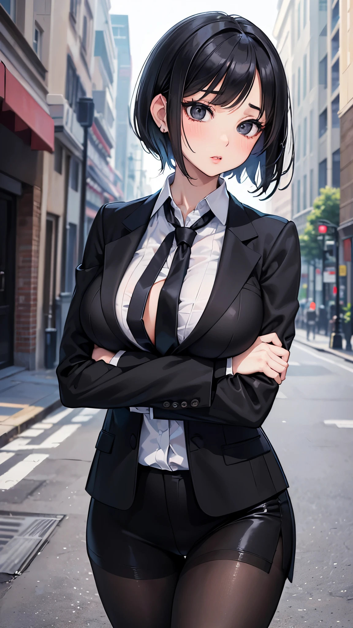 (Highest quality)), Ultra-high resolution,Adult women, alone, sexy, (Serious expression), (Blue eyes), Beautiful and symmetrical face, (Black cut medium hair),White formal shirt,Black suit pants,Realistic:1.4,Realistic:1.4,Night Alley,(masterpiece:1.2),Perfect Eyes,Perfect Eyes,Ample breasts