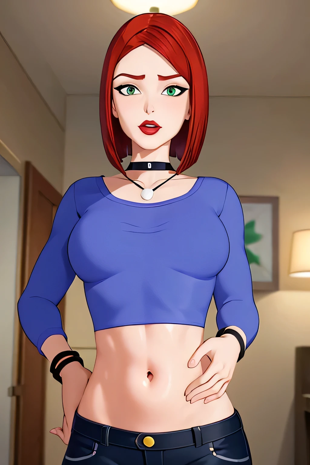 super fine illustration, vibrant colors, masterpiece, sharp focus, best quality, depth of field, looking down, cinematic lighting, ultra detailed, solo, 1girl, bellybutton, navel, tummy, choker, jewelry, necklace, black choker, blue shirt, crop top, long sleeves, black_pants, jeans, denim, wristband, red hair, short hair, green eyes, makeup, lipstick, red lips, bob cut, lips, mature woman, indoors, small breasts, CARTOON_merry_jane_watson_SMTAS_ownwaifu, www.ownwaifu.com, hips, slim, slender, embarrassed, open mouth, hand on own stomach, blush, teeth, belly