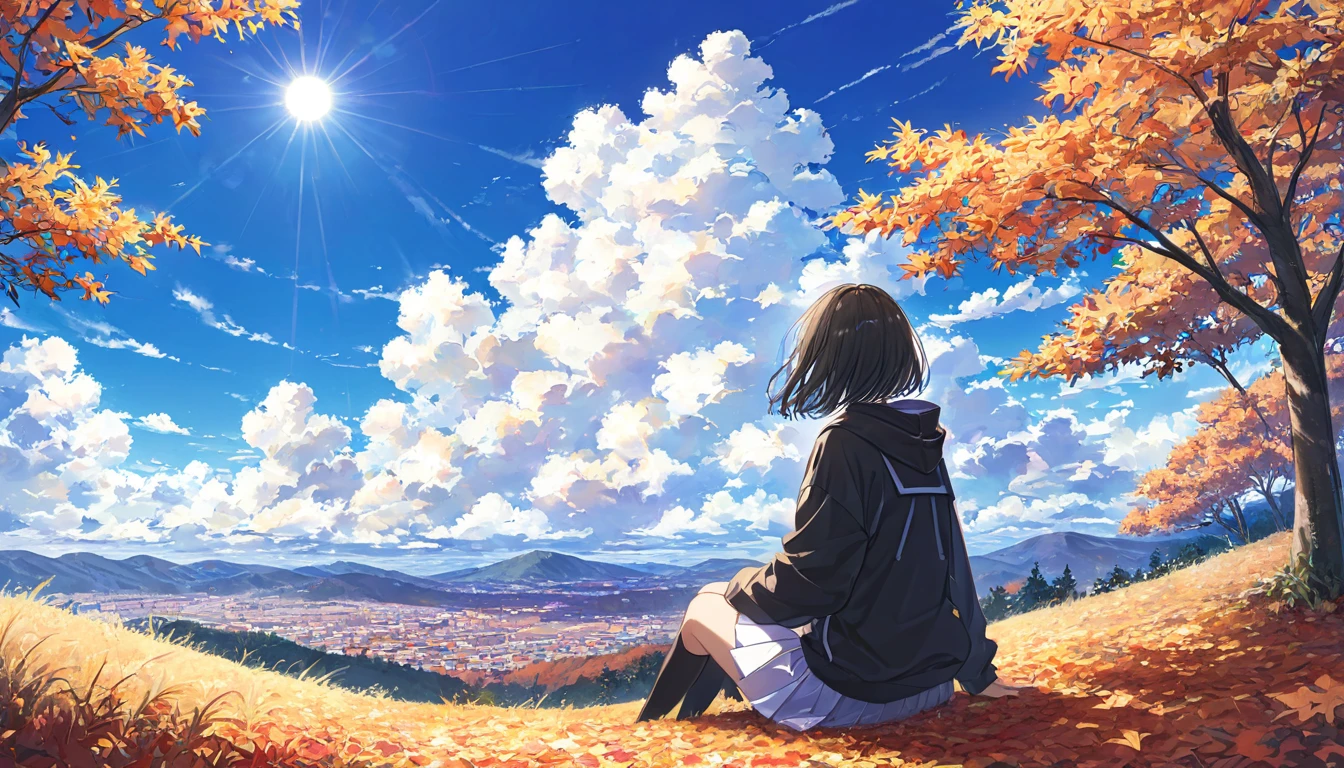 One Woman,pastel,Woman sitting,Black hoodie,White Skirt,Black Hair,Short Hair,One Tree,Under the tree,Tree on the mountaintop,autumn leaves,Under the blue sky,sun,Light shines in,horizontal line,Glowing white clouds,Light clouds,Strong light,View from afar,A touching scene,Strong contrast