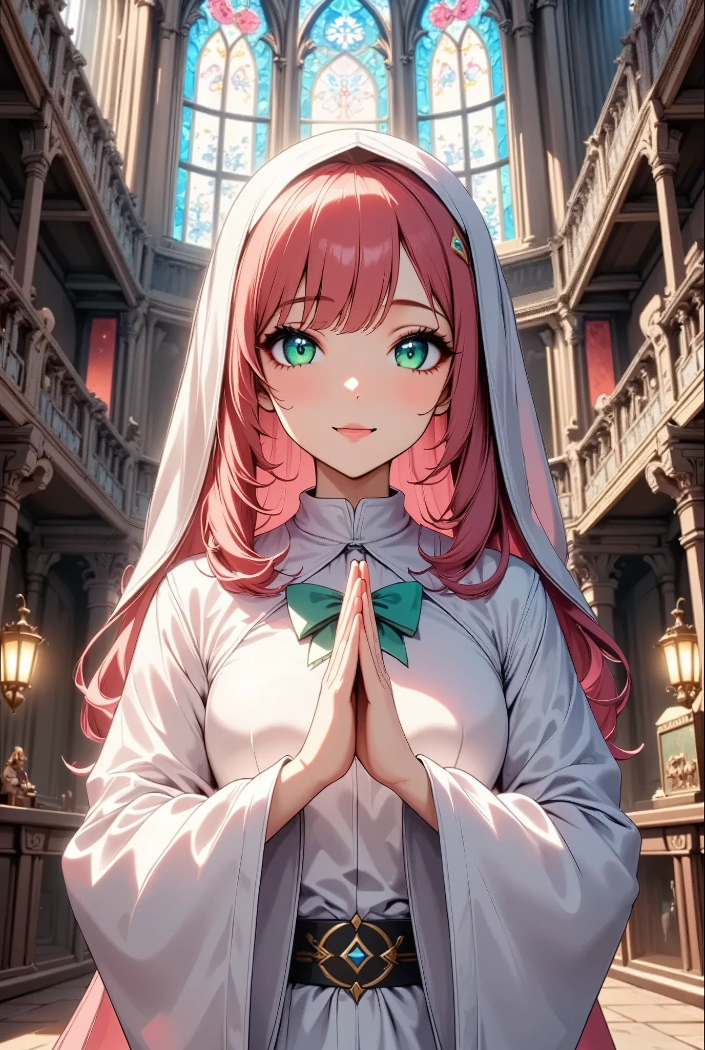 ((Beautiful CG illustrations, Anime Style, High detail, High resolution, Best Quality)), Detailed eyes and face, Light red hair color, Light green eyes, Portrait, Looking up into the void, (((One person, Cowboy Shot, Close your eyes:1.3, Praying pose:1.4))), Detailed Background, (Fantasy art), Focus, Nuns, Nunsの黒いローブ, Sacred symbol design on robe, Detailed Metal Texture, Divine Aura, Bright and realistic lighting, Stained Glass, church, Sacred atmosphere, Magic Hour, Blessed Light, Circlet, Coat of arms, Tapestry, ((Shallow depth of field,Background blur visual effects)).