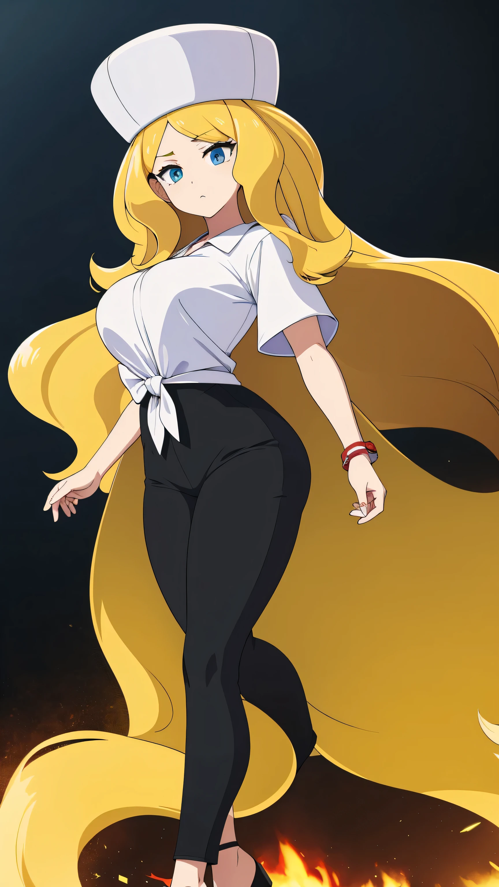 a sexy woman attractive big breast radical youth beautiful long wavy yellow hair wearing cap winter soviet golden her bright colorful eye wears white buttoned blouse tied knot short sleeve and long black pants big thigh sensual long golden heel