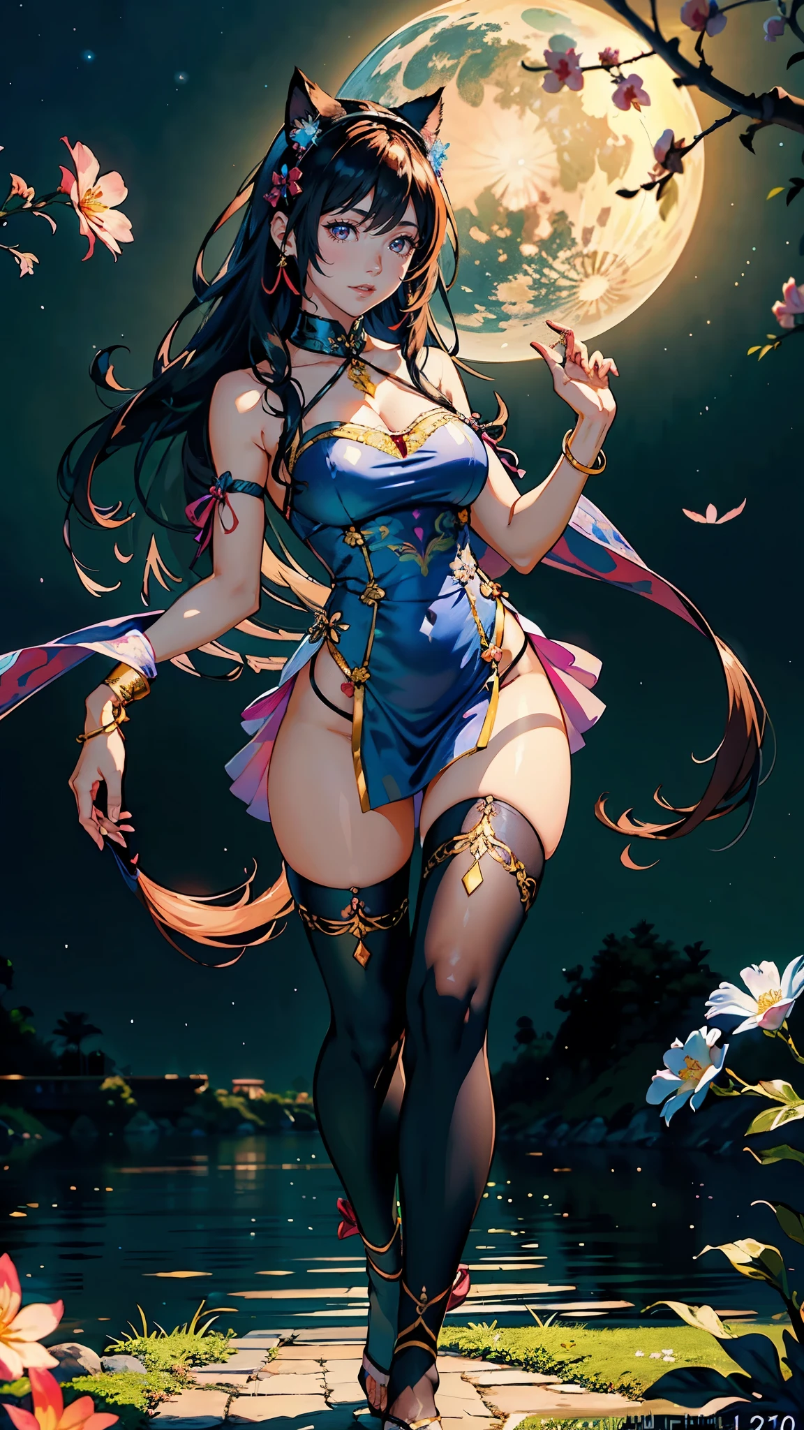 solo, beautiful female, wuxiaworld, Ancient Chinese Articles of Clothing, ancient customs, wind blow, blossom, pond, night, moon relection in the pond, blue hair, purple hair, ponytail, long hair, lonely, gradient hair, black hair, silver hair, long hair, ray tracing, reflection light, depth of field, from behind, multiple views, panorama, masterpiece, best quality, high details, high quality, ccurate, textured skin, UHD