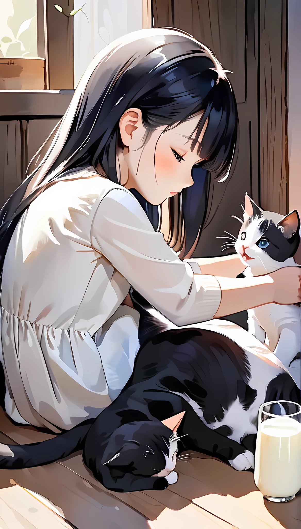20-year-old,Black Hair Beauty, Cute cat and her kittens, Mother cat feeding her kitten with milk, Watercolor-style, gentle colors,Subtle and dynamic textures, Light and shadow contrast, 2.5D, Super detailed, The absolute solution, Highest quality