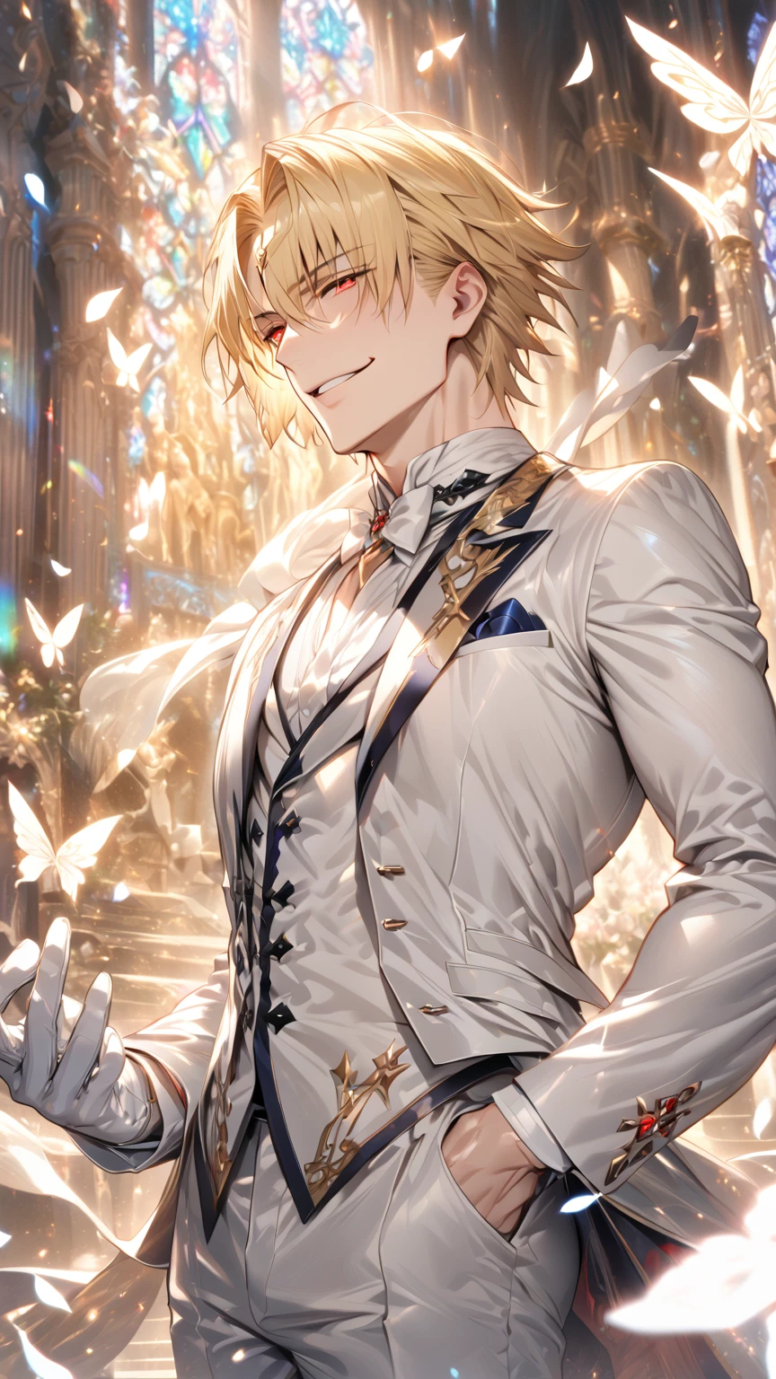 absurdres, highres, ultra detailed, HDR, master piece, best quality, detailed eyes, detailed face, Gilgamesh, blonde hair, short hair, with bangs, expressive red eyes, Fate Grand Order, solo, sexy man, handsome, sensual, adult face, mature, groom, white jacket, white tuxedo, white shirt, smiling, white gloves, white cravat, magical, fantasy, church, white roses, white petals, white butterflies, radiant, shinning