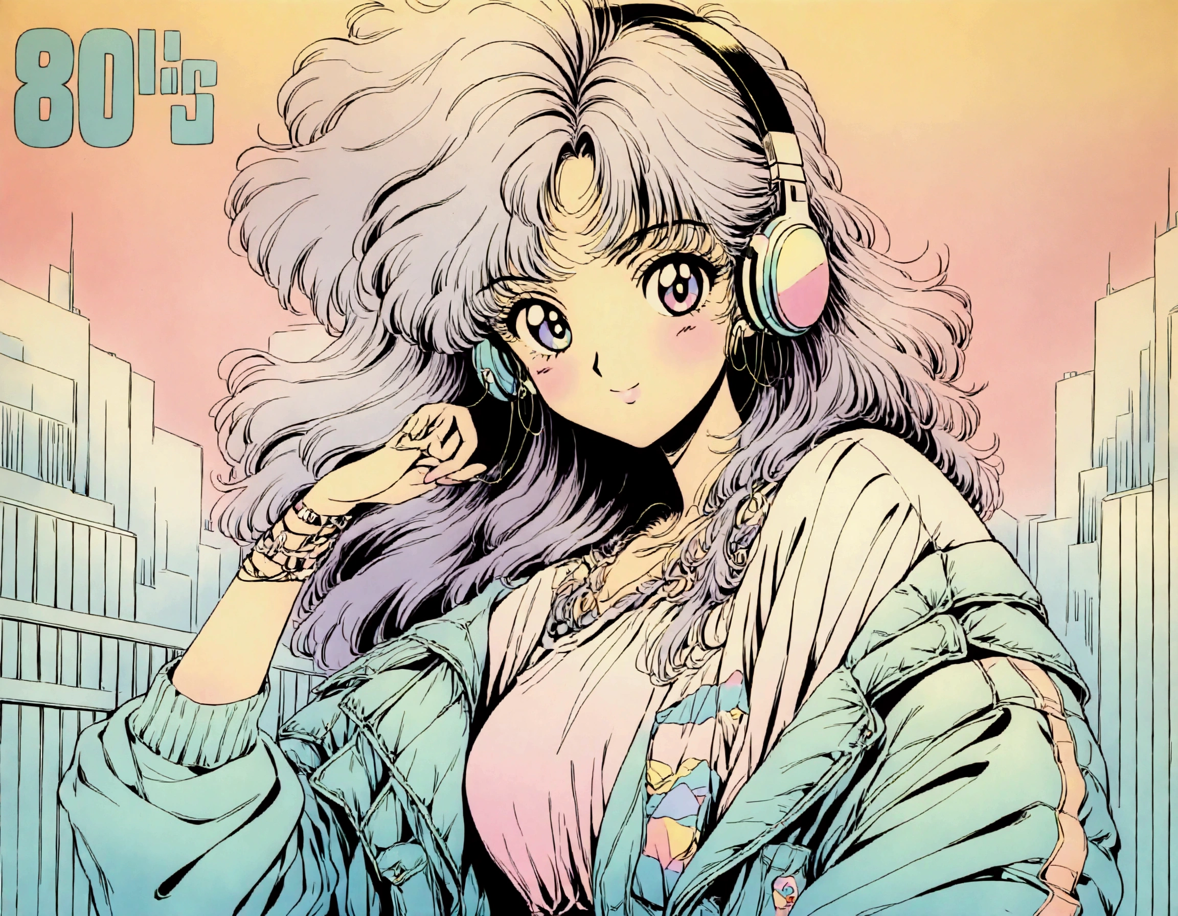 Observe every detail perfectly,(80's, Retro, City Pop:1.5), (Album cover), (masterpiece, Please redeem), (anime, shape), (Pastel colors:1.4), The best photo pose, Dynamic Angle,girl, Alone, An eye for detail, Delicate face, Luxury Fashion, Playing at a rave,Headphones,Smiling 3人girl、,Vibrant Background