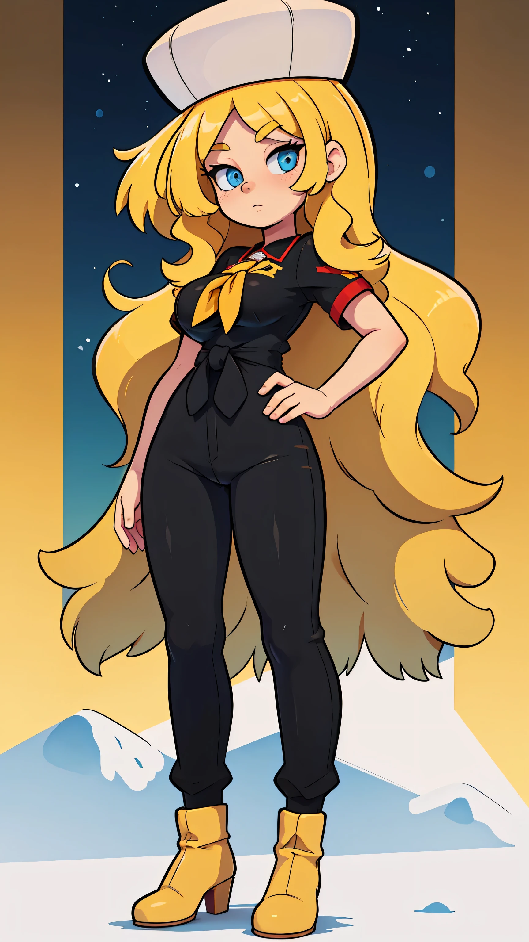 a sexy woman attractive big breast radical youth beautiful long wavy yellow hair wearing cap winter soviet golden her bright colorful eye wears white buttoned blouse tied knot short sleeve and long black pants big thigh sensual long golden heel