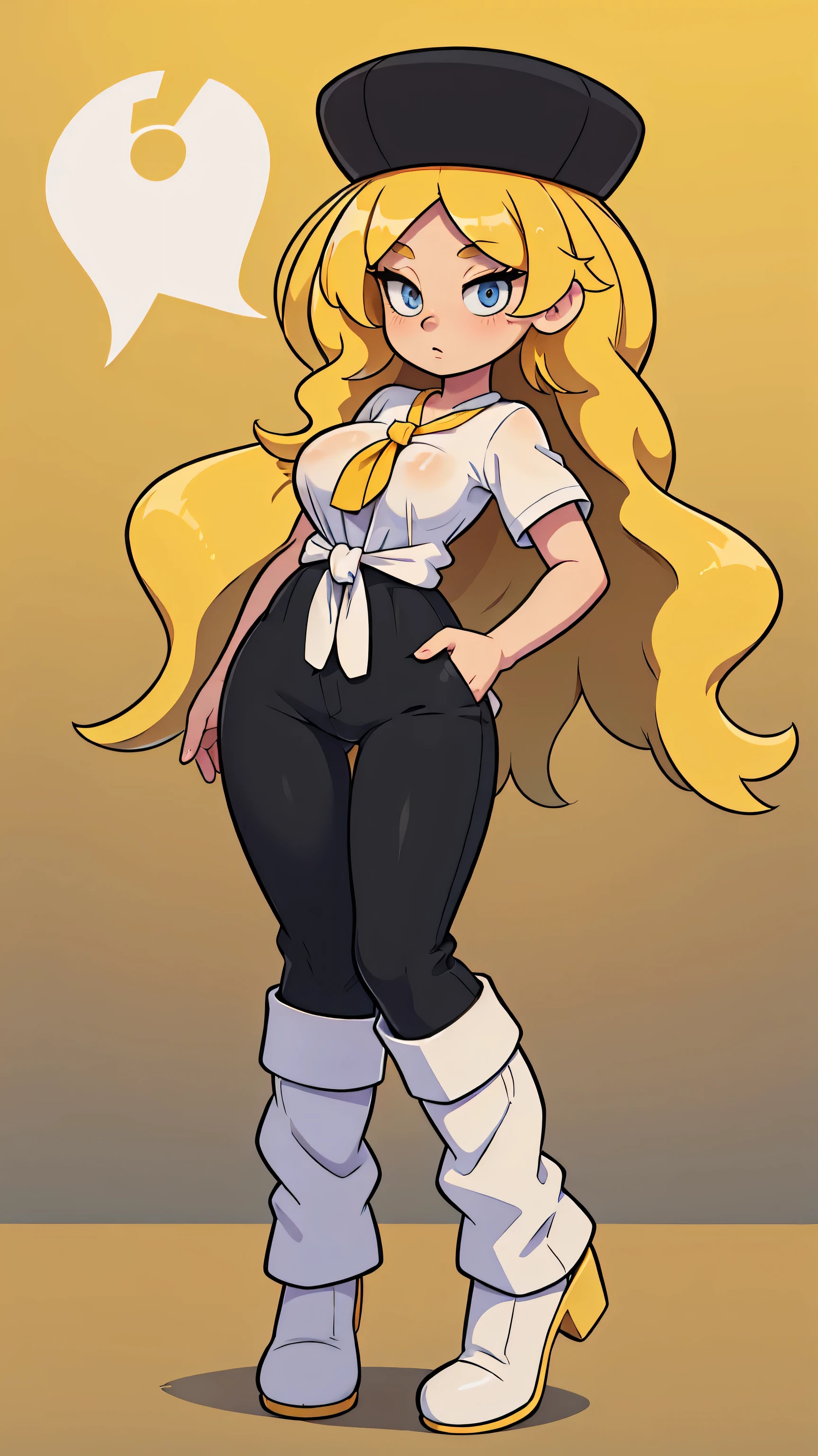 a sexy woman attractive big breast radical youth beautiful long wavy yellow hair wearing cap winter soviet golden her bright colorful eye wears white buttoned blouse tied knot short sleeve and long black pants big thigh sensual long golden heel