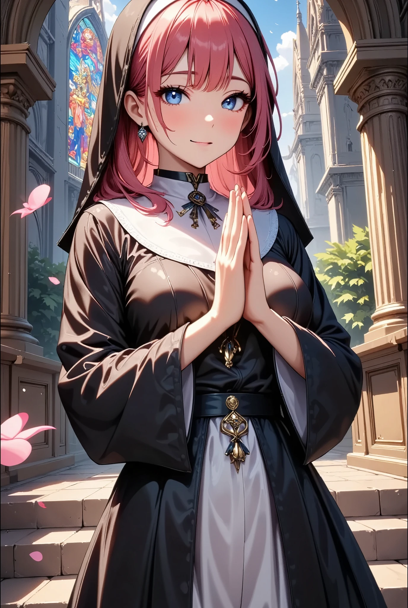 ((Beautiful CG illustrations, Anime Style, High detail, High resolution, Best Quality)), Detailed eyes and face, Light red hair color, Portrait, (((One person, Cowboy Shot, Close your eyes:1.3, Praying pose:1.4))), Detailed Background, (Fantasy art), Focus, Nuns, Nunsの黒いローブ, Sacred symbol design on robe, Detailed Metal Texture, Divine Aura, Bright and realistic lighting, Stained Glass, church, Sacred atmosphere, Magic Hour, Blessed Light, Circlet, Coat of arms, Tapestry, ((Shallow depth of field,Background blur visual effects)).