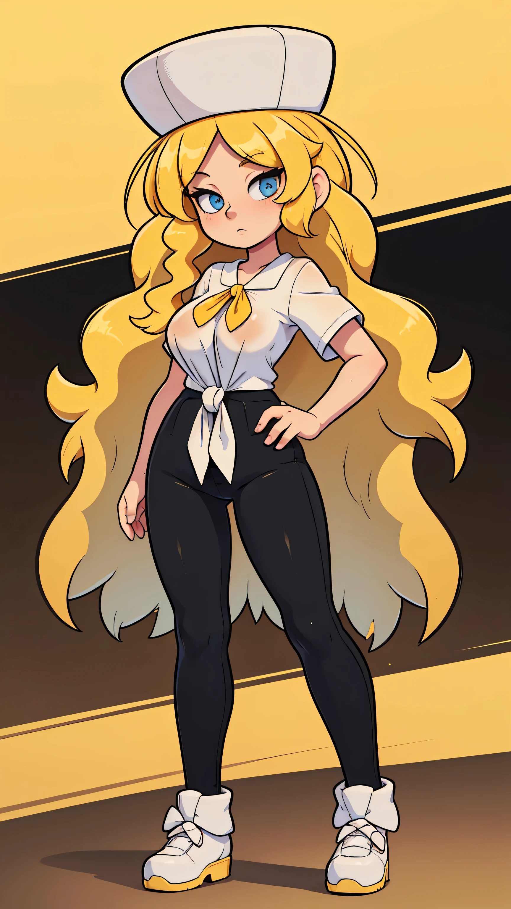 a sexy woman attractive big breast radical youth beautiful long wavy yellow hair wearing cap winter soviet golden her bright colorful eye wears white buttoned blouse tied knot short sleeve and long black pants big thigh sensual long golden heel