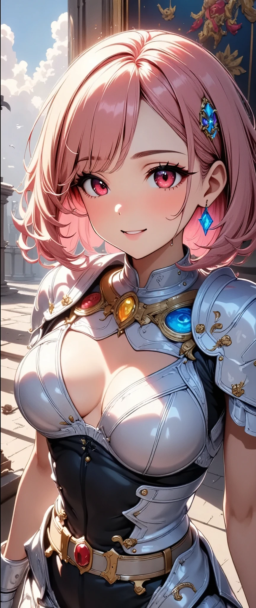 ((Beautiful CG illustrations, Anime Style, High detail, High resolution, Best Quality)), Detailed eyes and face, Pink gold hair color, Pale red eyes, Portrait, Looking up into the void, (One person, Cowboy Shot, A look of determination, Heroic Pose), Detailed Background, (Fantasy art), Focus, mercenary, Magic Hour, Floating Debris, Breastplate Armor, Detailed Metal Texture, Divine Aura, Bright and realistic lighting, Marble Castle, Intense atmosphere, Circlet, Coat of arms, Tapestry, ((Shallow depth of field,Background blur visual effects)).