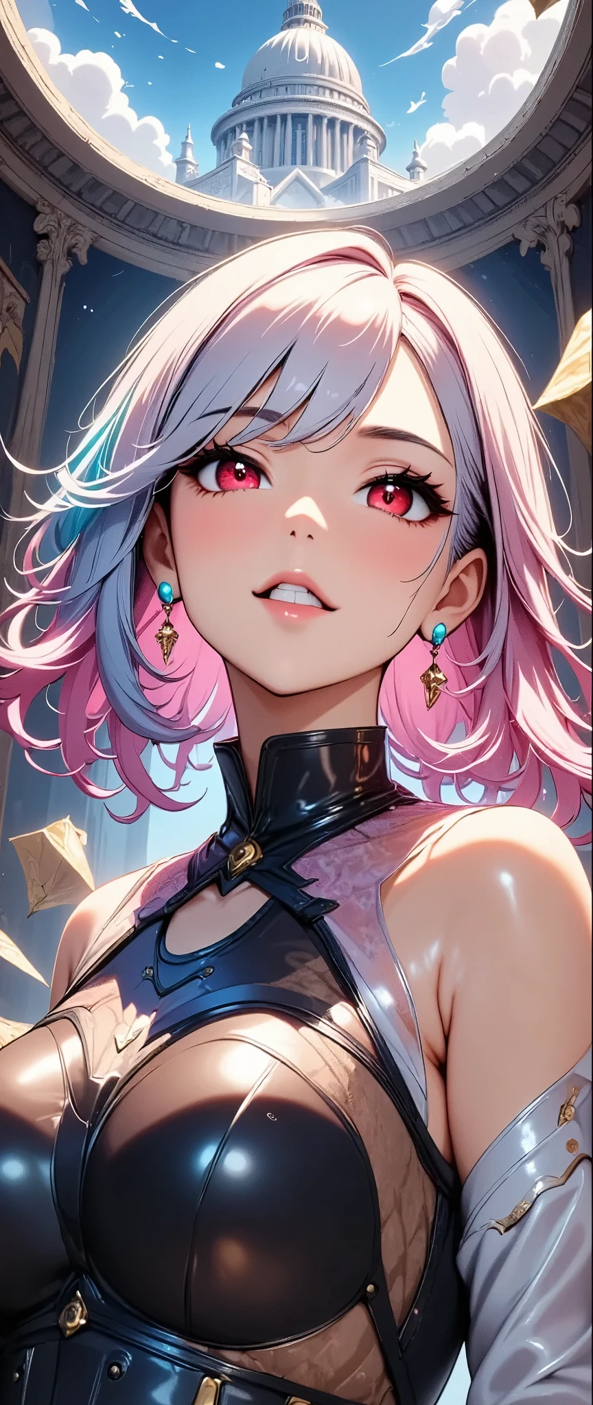 ((Beautiful CG illustrations, Anime Style, High detail, High resolution, Best Quality)), Detailed eyes and face, Colorful hair colors, Pale red eyes, Portrait, Looking up into the void, (One person, Cowboy Shot, A look of determination, Heroic Pose), Detailed Background, (Fantasy art), Focus, mercenary, Magic Hour, Floating Debris, Breastplate Armor, Detailed Metal Texture, Divine Aura, Bright and realistic lighting, Marble Castle, Intense atmosphere, Circlet, Coat of arms, Tapestry, ((Shallow depth of field,Background blur visual effects)).