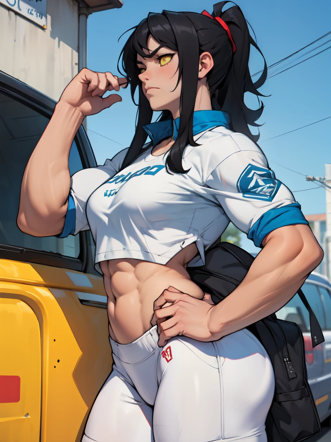 devastated woman in white pants and blue shirt taking a selfie, chun-li at the gym, grosso, coxas grossas e lisas de warframe, grosso build, lit from behind, como um personagem de overwatch, coisas grossas, tracer em um vestido colante, como personagem de overwatch, traje apertado, chun-li, pose poderosa, looking from behind, grupo