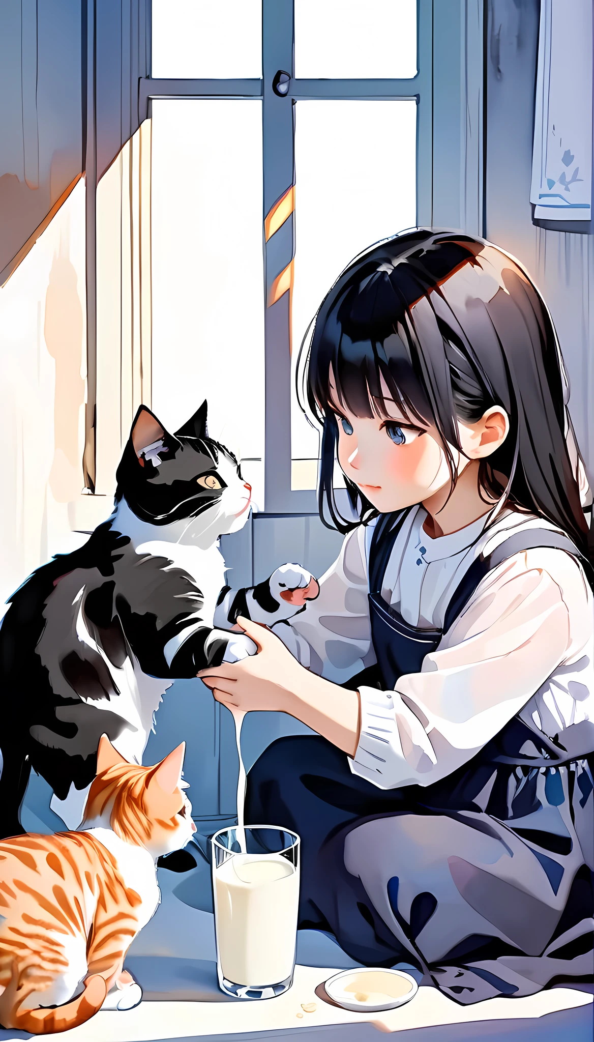 20-year-old,Black Hair Beauty, Cute cat and her kittens, Mother cat feeding her kitten with milk, Watercolor-style, gentle colors,Subtle and dynamic textures, Light and shadow contrast, 2.5D, Super detailed, The absolute solution, Highest quality