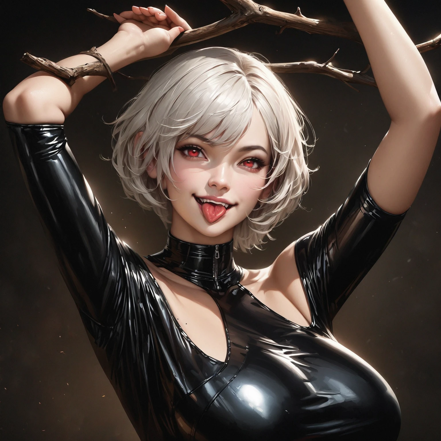 (masterpiece, best quality:1.2), cowboy shot, solo, 1girl, htzdrada, sharp teeth, evil smile, looking at viewer, holding cigarette, white hair, horns, hair over one eye, red eyes, playboy bunny, leotard, pantyhose, piercing, choker, cross necklace <lora:helltaker_zdrada:1.0>