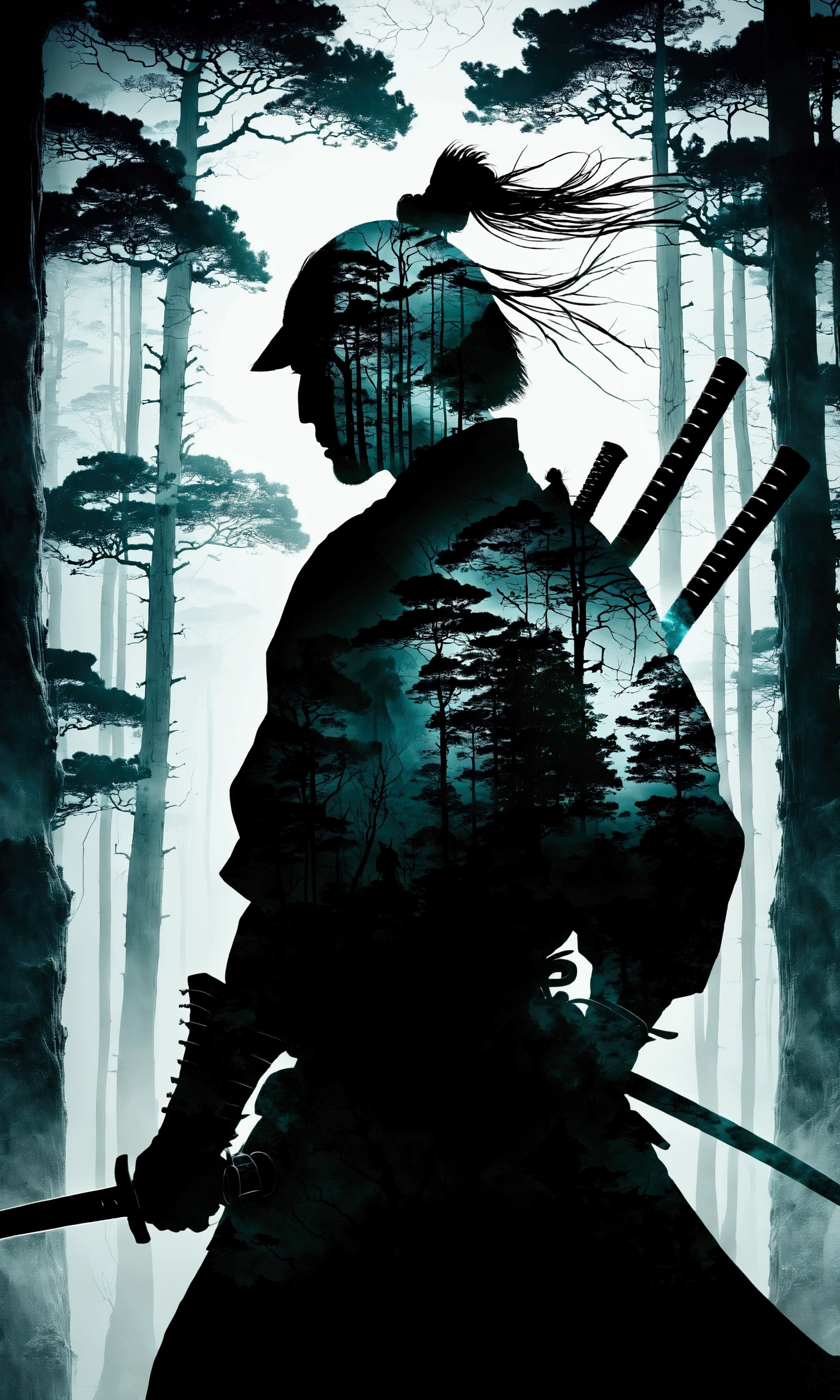 Silhouette art,(double exposure:1.6),(Silhouette of a samurai with a sword: 1 male sword 1: Mysterious forest),Japanese style,meticulous realistic details view detailed clear art abstraction details complex anatomy correct,Textured,Artistic masterpiece,illustration in art style,A lifelike masterpiece,(masterpiece:1.3),(highest quality:1.4),(ultra detailed:1.5),High resolution,extremely detailed,unity 8k wallpaper