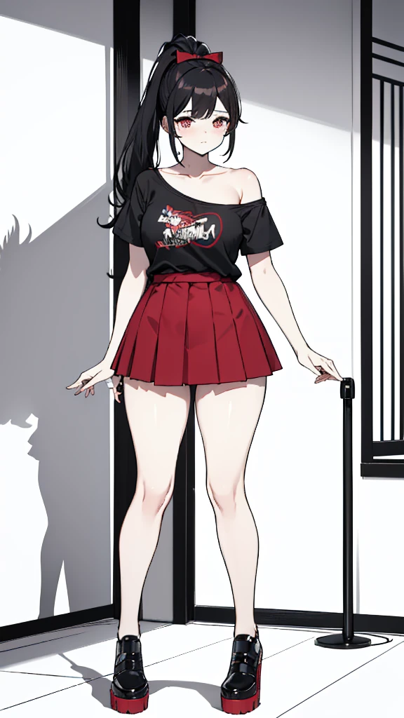 (mature female, adult:1.1), black hair, black choker, black shirt, breasts, choker, cross, cross necklace, hair between eyes, pencil skirt, navel, long hair, looking at viewer, medium breasts, necklace, purple eyes, red skirt, short sleeves, sitting, solo, thigh strap, thigh, very long hair