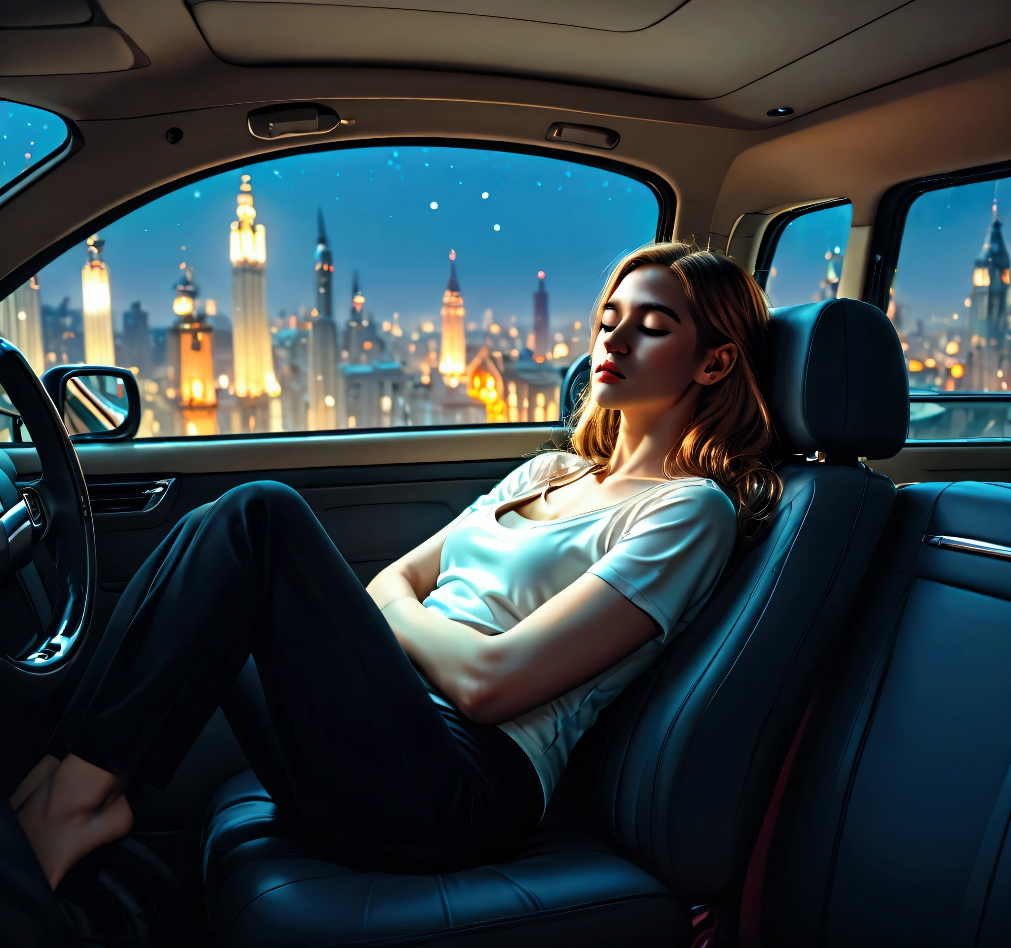 China woman sleeping with eyes closed by car window, sleeping on car seat, reclined car seat, sleeping, night sky, looking out car window of many tall buildings, white woman, office clothes, attractive bust, wide angle full body wide shot, night sky, in a dark magic car, Surreal, Art Nouveau, cinematic lighting, light and dark, anatomically correct, best quality, high resolution --v 6.1 --ar 16:9